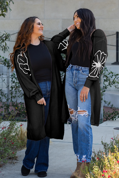 Chic Black Flower Embroidered Duster Cardigan for Women - Stylish Open Front, Drop Shoulder, Perfect for Layering