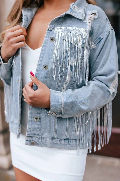 Women's Sky Blue Sequin Fringe Distressed Denim Jacket