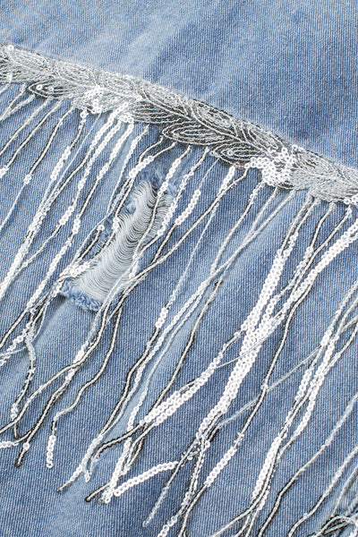 Women's Sky Blue Sequin Fringe Distressed Denim Jacket