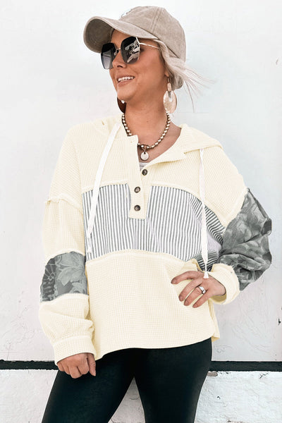 Women's Casual White Waffle Knit Hooded Long Sleeve Top with Drawstring - Stylish Patchwork Design for Everyday Comfort
