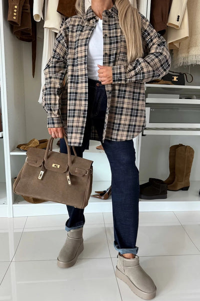 Women's Plaid Tunic Shacket in Parchment - Trendy Layering Top for Fall with Comfortable Fit and Versatile Style