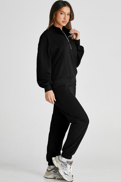 Women's Black Half-Zip Pullover Activewear Top & Joggers Set - Stylish, Comfortable Fitness Outfit for Everyday Wear