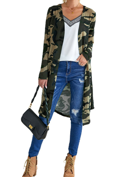 Women's Green Camo Print V-Neck Cardigan in Cardigans