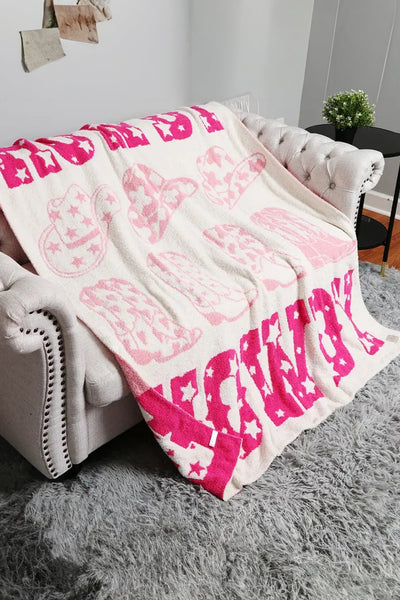 Women's Pink Western Sherpa Throw Blanket with Cowgirl Boot Motif