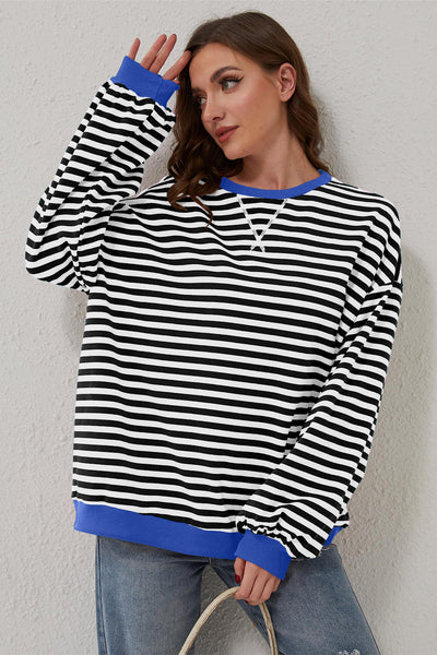 Cozy Women's Black Striped Oversized Sweatshirt with Contrast Trim - Perfect for Casual Days and Effortless Style