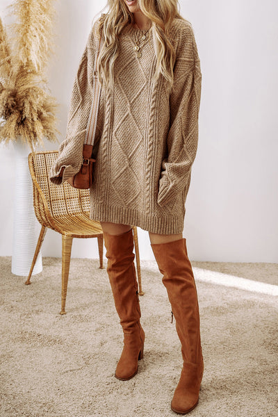 Chic Cream Sweater Dress for Women - Long Sleeve Knit Midi with Belted Waist for Cozy, Effortless Style