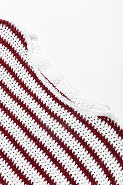 Women's Red Striped Knit Crewneck Sweater with Split Hem