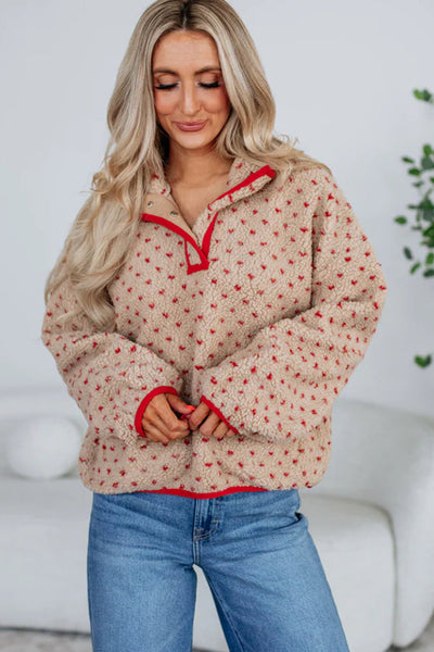 chic women's khaki sherpa pullover sweatshirt with contrast trim and dotty print cozy and trendy layering essential with practical styling and