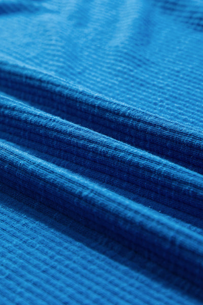 Women's Stylish Blue Ribbed Long Sleeve V-Neck Knit Top with Exposed Seams - Comfortable Everyday Essential