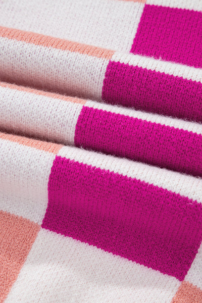 Cozy Pink Checkered Ribbed Sweater for Women - Effortless Casual Knit with Drop Shoulders for Ultimate Comfort