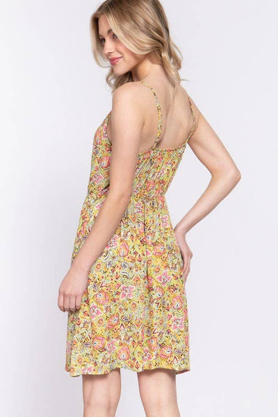 Round Neck Waist Shirring Floral Dress