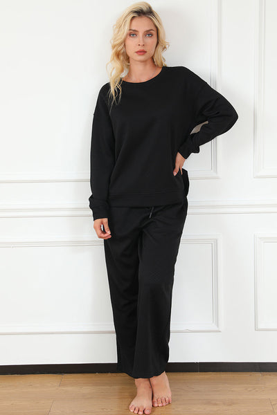 Women's Black Ultra Loose Textured 2-Piece Lounge Set - Cozy Slouchy Casual Outfit for Effortless Everyday Style