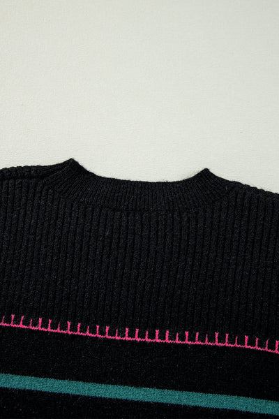 Cozy Women's Black Ribbed Sweater with Colorful Trim Stylish Striped Design for Casual Outings and Everyday Comfort