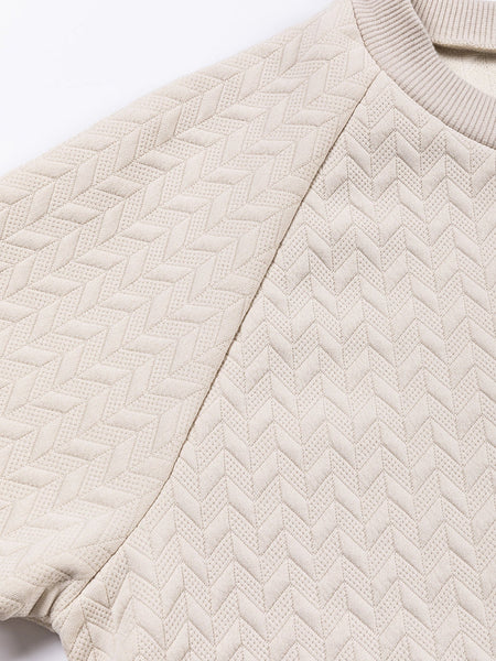 Cozy Beige Quilted Texture Pullover with Raglan Sleeves