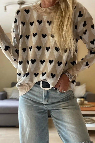 Cozy Women's Loose-Fit Parchment Sweater with Geometric Heart Print and Ribbed Trim for Effortless Casual Style