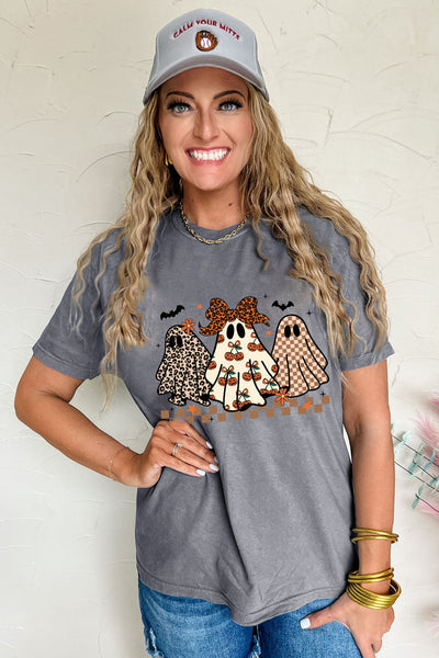 Women's Spooky Trio Ghost Graphic Tee in Charcoal Gray