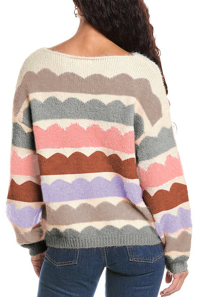 Cozy Women's Gray Striped Balloon Sleeve Sweater with Drop Shoulders for Trendy Fall Fashion