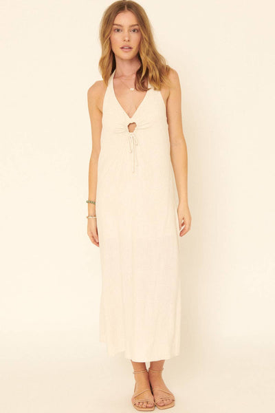 Solid Woven Keyhole Open-Back Maxi Dress