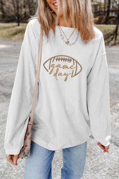 Women's White Ribbed Game Day Embroidered Sweatshirt