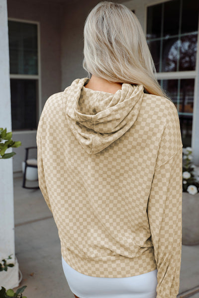 Casual Women's Khaki Checkered Hoodie with Drawstring & Kangaroo Pocket - Perfect Everyday Comfort Wear
