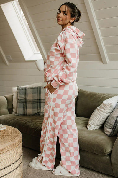 Stylish Women's Pink Checkered Hoodie and Side Stripe Pants Set with Bow Knot - Trendy 2-Piece Loungewear for Comfort