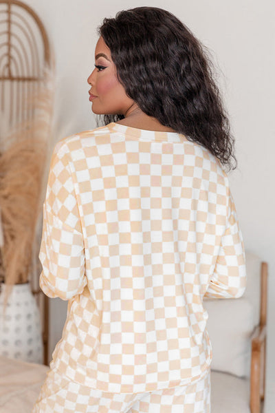 Stylish Beige Checkered Lounge Set for Women - Cozy Long Sleeve Top & Relaxed Fit Pants for Ultimate Comfort