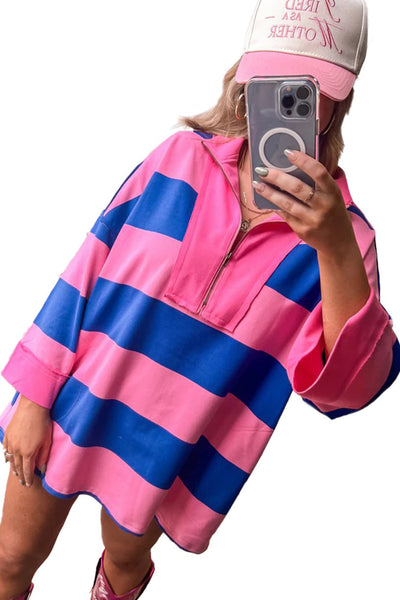Casual Women's Pink Striped Color Block Mini Dress with 3/4 Sleeves and Zip Neck - Comfortable Loose Fit for Daily Style