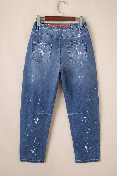 Women's Ashleigh Blue Ripped Cropped Straight Jeans with Splatter Paint and Rope Waist for a Trendy Casual Look