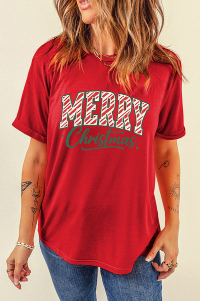 Women's Merry Christmas Graphic Tee in Red Cotton Blend
