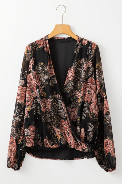 Trendy Women's Black Floral Criss-Cross V-Neck Balloon Sleeve Blouse - Stylish Casual Top for Everyday Wear