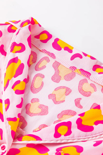 Cozy Women's Pink Leopard Print Pajama Set with Long Sleeve Shirt & Shorts - Stylish Sleepwear for Ultimate Comfort