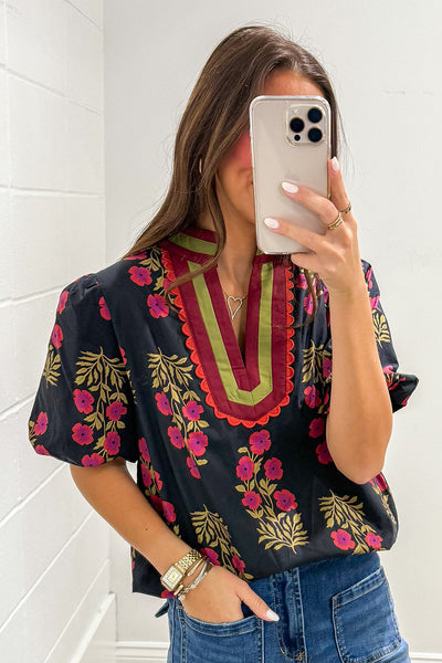 Trendy Floral Print Black Blouse for Women - Short Bubble Sleeves, Slit Neckline, Chic and Stylish Casual Top