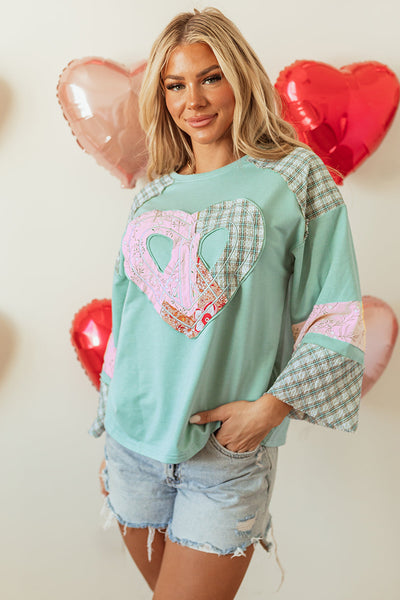 Women's Aqua Plaid Floral Graphic Long Sleeve Top with Peace Heart Design - Stylish Casual Comfort for Everyday Wear