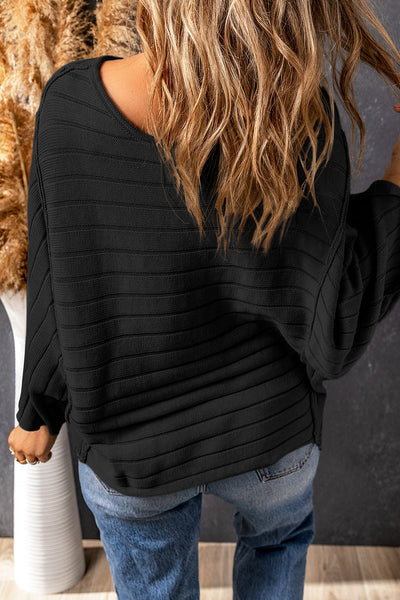 Stylish Women's Black Ribbed Dolman Top with Exposed Seams - Comfortable Everyday Wear for Effortless Chic