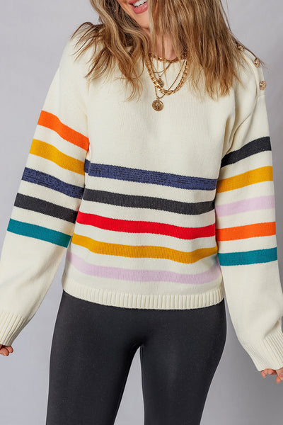 Chic White Striped Drop Shoulder Sweater for Women with Button Detail - Cozy Casual Knitwear for Effortless Style