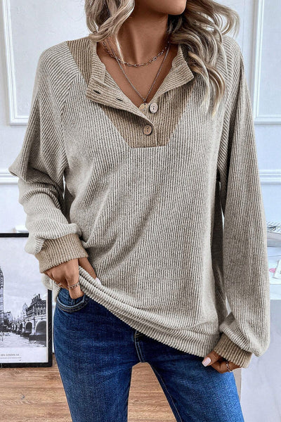 Women's Relaxed Fit Color Block Ribbed Long Sleeve Top in Jet Stream - Trendy Contrast Design for Effortless Style