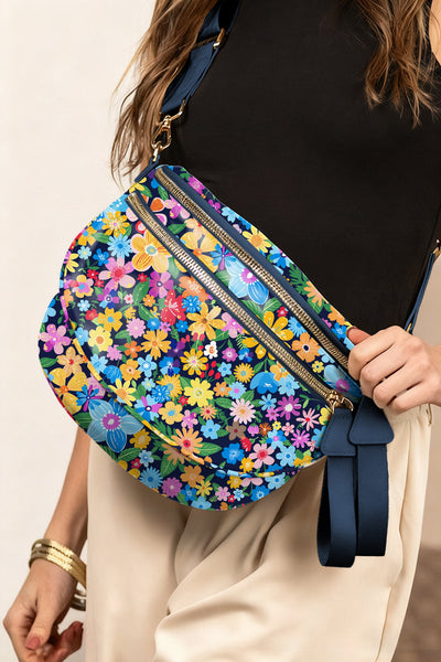 Women's Floral Crescent Crossbody Bag: Navy Botanical Sling Bag