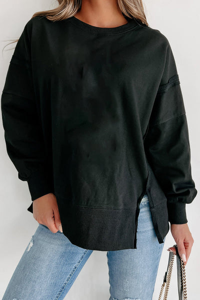 Women's Black Drop Shoulder Sweatshirt with Exposed Seams and Side Slits - Casual, Cozy Fit for Everyday Style