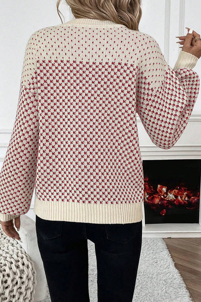 Chic Women's Red Lantern Sleeve Sweater with Stylish Contrast Patterns for Cozy Fall Fashion