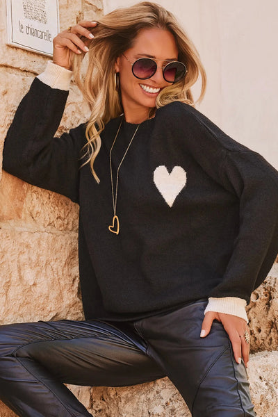 Women's Cozy Black Heart Sweater with Contrast Cuffs, Relaxed Fit for Casual Outings and Stylish Layering
