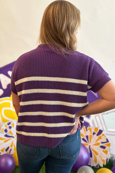 Casual Women's Purple Stripe Knit Sweater with Raw Edge and Patched Pockets - Short Sleeve Everyday Top