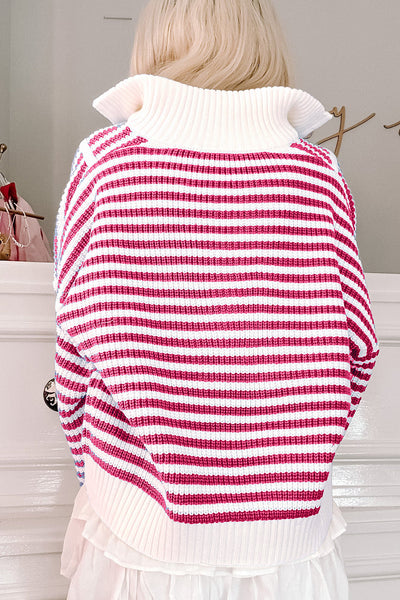 Women's Casual Chic Pink Stripe Zip-Up Sweater with Drop Shoulder Design for Effortless Style and Comfort made for easy styling and wardrobe