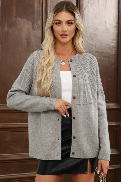 Women's Heather Gray Cable-Knit Yoke Cardigan with Wooden Buttons