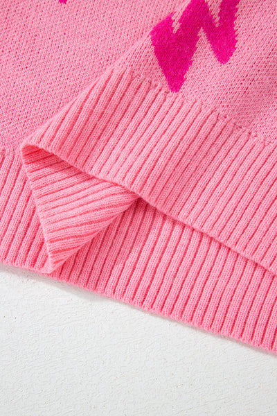 Women's Cozy Pink Bow Patterned Drop Shoulder Sweater - Relaxed Fit for Casual Comfort and Everyday Style