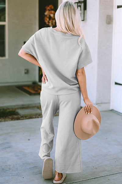 Women's Gray Textured Lounge Set Relaxed Fit T-Shirt & Drawstring Pants for Ultimate Comfort and Chic Style