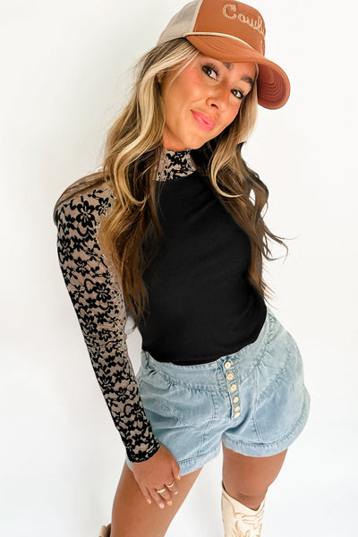 Chic Women's Black Floral Lace Long Sleeve Top - Slim Fit High Neck with Trendy Patchwork Design