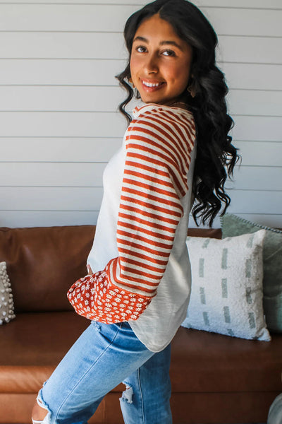 Women's Floral Color Block Long Sleeve Blouse Stylish Striped Top for Casual Chic Looks in White
