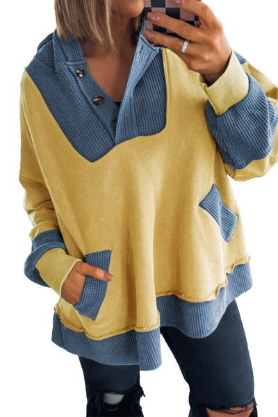 Plus Size Women's Banana Cream Waffle Hoodie with Contrast Patchwork and Convenient Pockets for Cozy Style