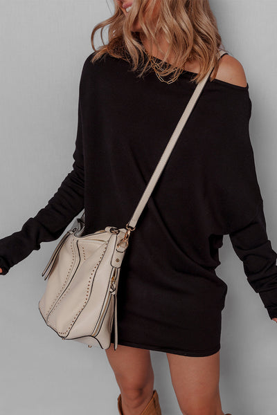 Trendy Women's Black Asymmetric Batwing Sleeve Mini Sweater Dress Effortless Chic Style for Any Occasion