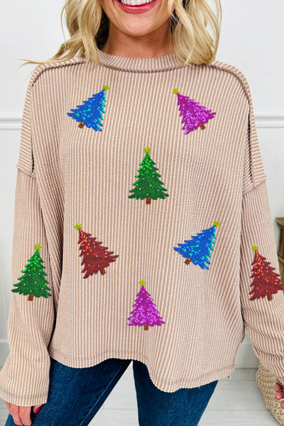 Women's Parchment Ribbed Sequin Christmas Tree Graphic Sweatshirt